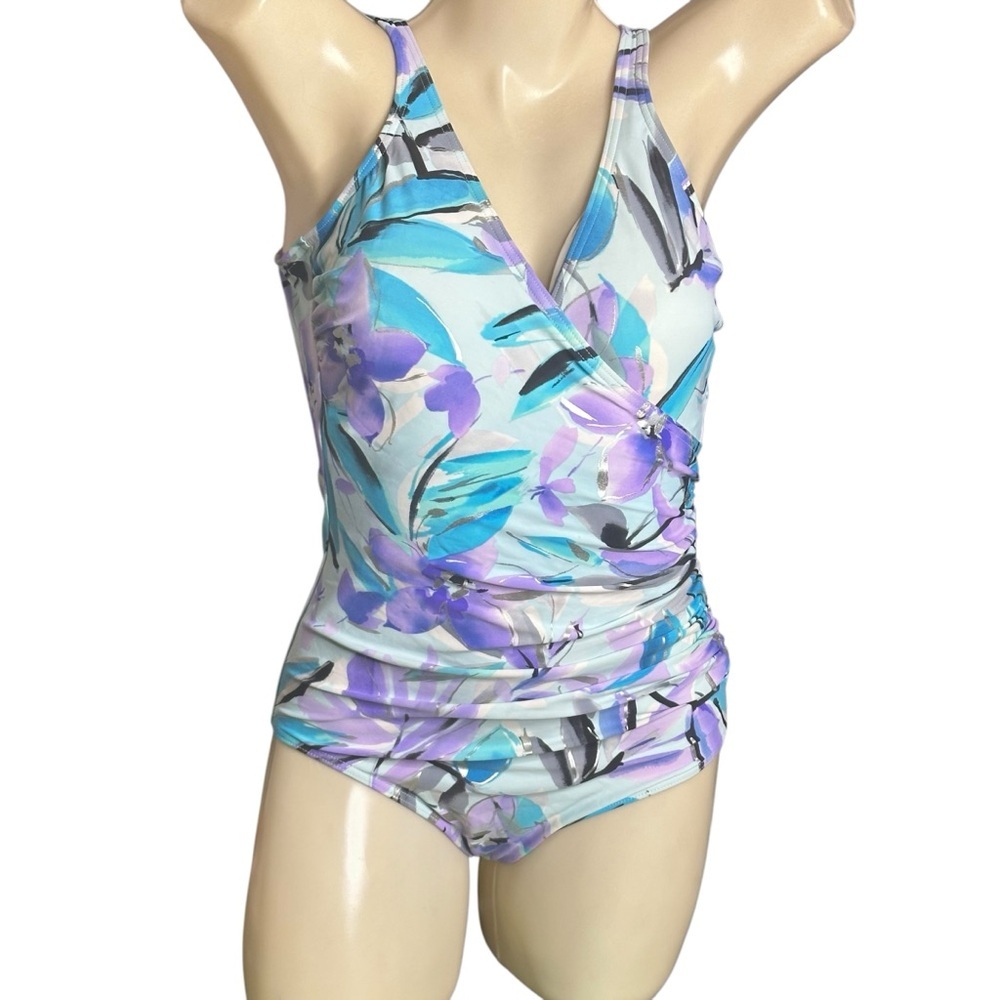 Miraclesuit Blue Purple Floral Pattern Slimming Bathing Suit L